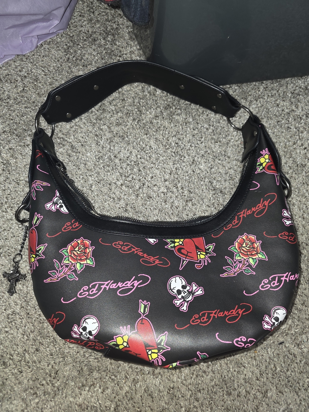 Ed Hardy Black Tattoo Print Shoulder Bag - Red & Pink Accents FLAWED